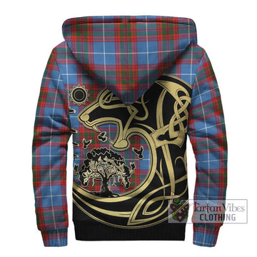 Skirving Tartan Sherpa Hoodie with Family Crest Celtic Wolf Style