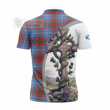 Skirving Tartan Zipper Polo Shirt with Family Crest and St. Andrew's Cross Accented by Thistle Vines - Tartan Vibes Clothing