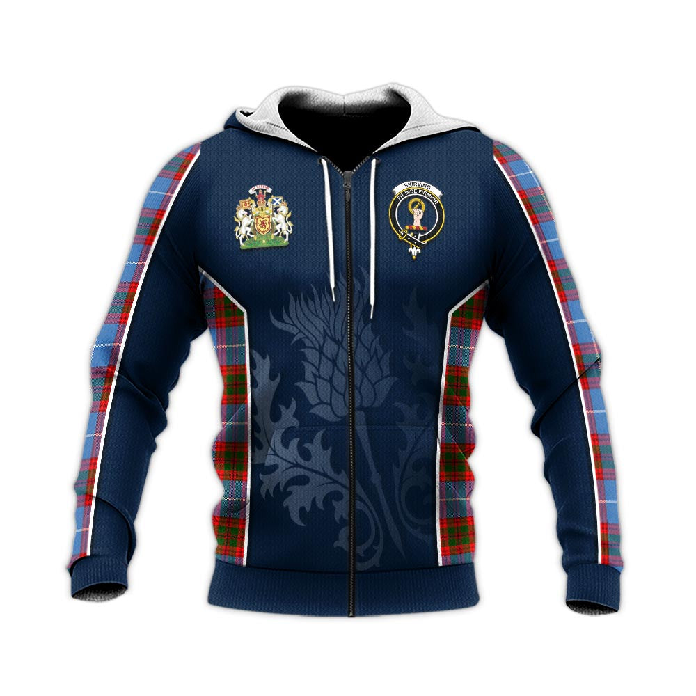 Tartan Vibes Clothing Skirving Tartan Knitted Hoodie with Family Crest and Scottish Thistle Vibes Sport Style