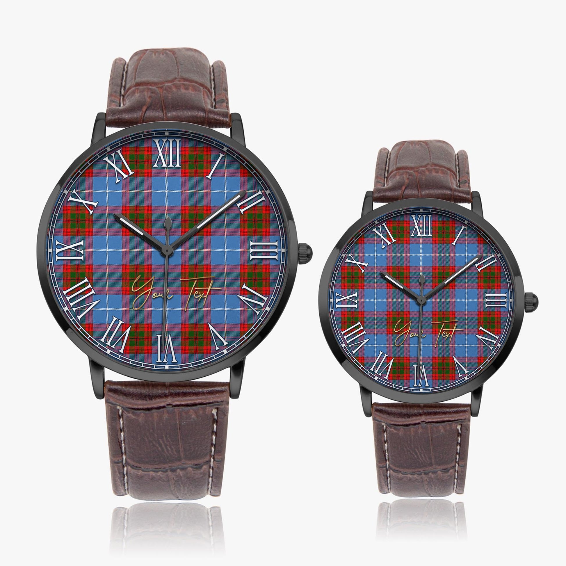 Skirving Tartan Personalized Your Text Leather Trap Quartz Watch Ultra Thin Black Case With Brown Leather Strap - Tartanvibesclothing Shop