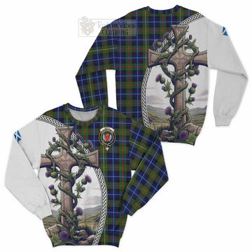 Smith Tartan Sweatshirt with Family Crest and St. Andrew's Cross Accented by Thistle Vines