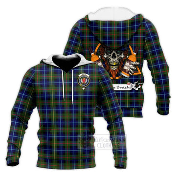 Smith Tartan Knitted Hoodie with Family Crest and Bearded Skull Holding Bottles of Whiskey