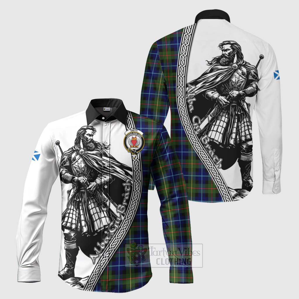 Tartan Vibes Clothing Smith Tartan Clan Crest Long Sleeve Button Shirt with Highlander Warrior Celtic Style