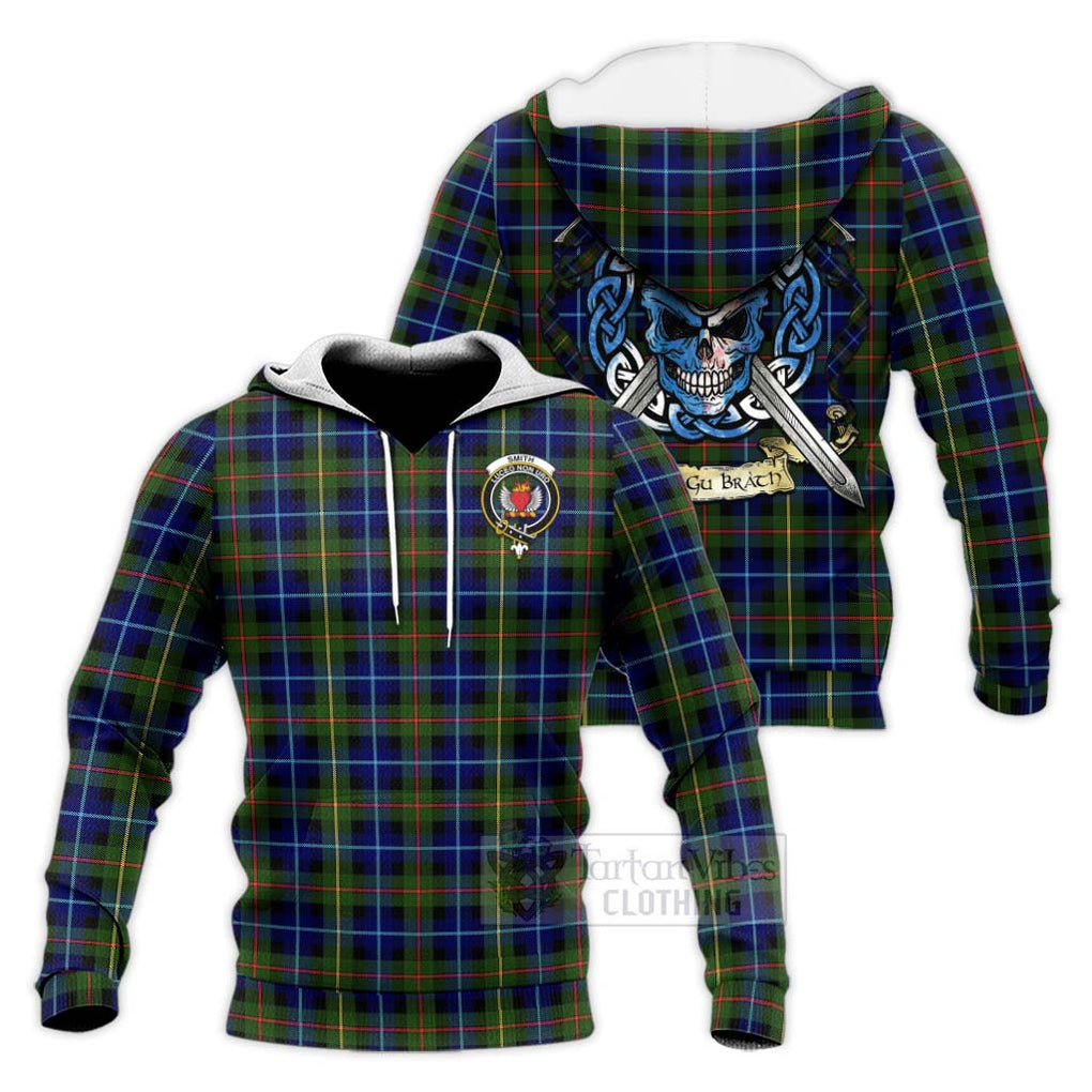 Tartan Vibes Clothing Smith Tartan Knitted Hoodie with Family Crest Celtic Skull Style