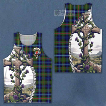 Smith Tartan Men's Tank Top with Family Crest and St. Andrew's Cross Accented by Thistle Vines