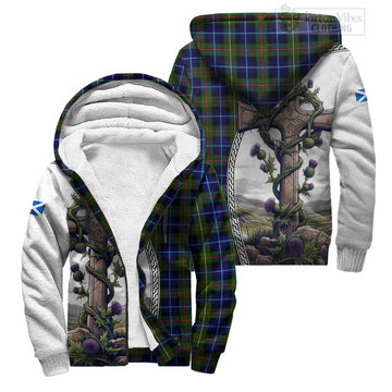 Smith Tartan Sherpa Hoodie with Family Crest and St. Andrew's Cross Accented by Thistle Vines