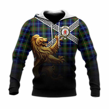 Smith Crest Tartan Knitted Hoodie with Golden Lion Emblem Celtic Style Unisex Knitted Pullover Hoodie - Tartan Vibes Clothing