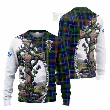 Smith Tartan Knitted Sweater with Family Crest and St. Andrew's Cross Accented by Thistle Vines Unisex - Tartan Vibes Clothing