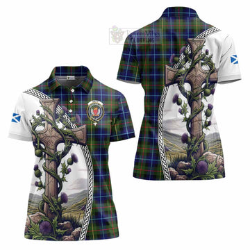 Smith Tartan Women's Polo Shirt with Family Crest and St. Andrew's Cross Accented by Thistle Vines