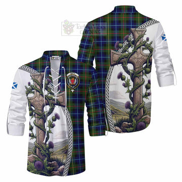 Smith Tartan Ghillie Kilt Shirt with Family Crest and St. Andrew's Cross Accented by Thistle Vines Men - Tartan Vibes Clothing