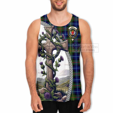 Smith Tartan Men's Tank Top with Family Crest and St. Andrew's Cross Accented by Thistle Vines