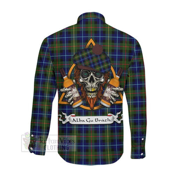 Smith Tartan Long Sleeve Button Shirt with Family Crest and Bearded Skull Holding Bottles of Whiskey