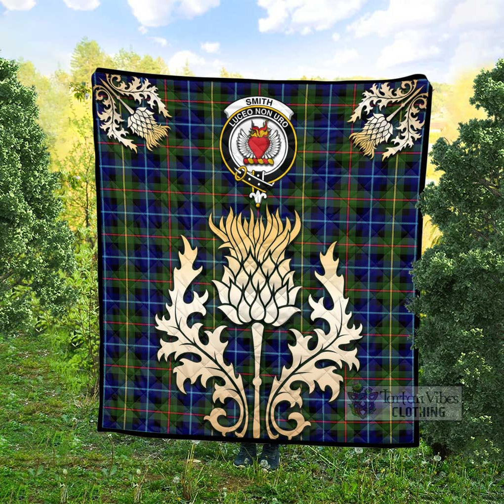 Tartan Vibes Clothing Smith Tartan Quilt with Family Crest and Golden Thistle Style