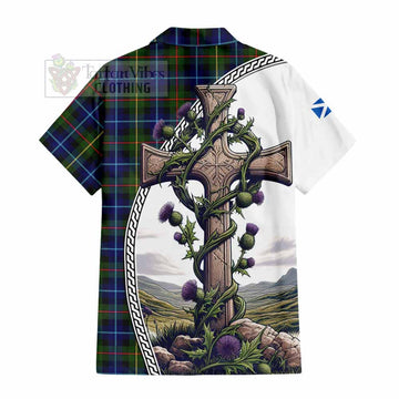 Smith Tartan Hawaiian Shirt with Family Crest and St. Andrew's Cross Accented by Thistle Vines - Tartan Vibes Clothing