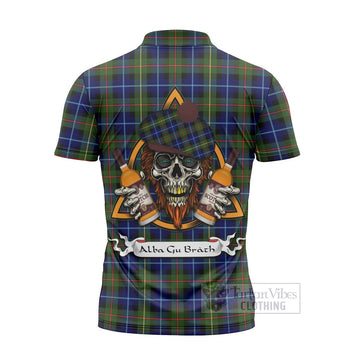 Smith Tartan Zipper Polo Shirt with Family Crest and Bearded Skull Holding Bottles of Whiskey - Tartan Vibes Clothing
