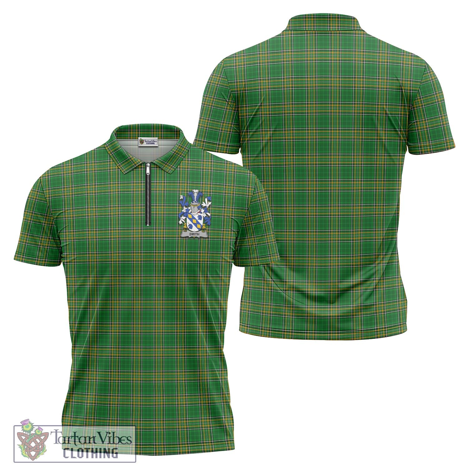 Tartan Vibes Clothing Smith Ireland Clan Tartan Zipper Polo Shirt with Coat of Arms