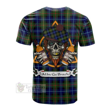 Smith Tartan Cotton T-shirt with Family Crest and Bearded Skull Holding Bottles of Whiskey - Tartan Vibes Clothing