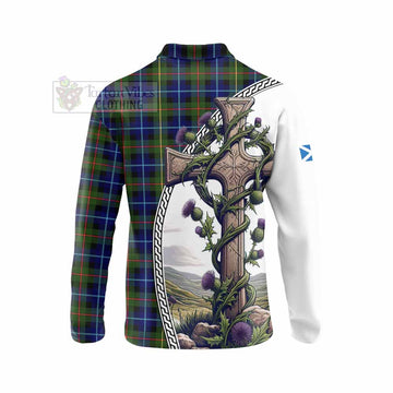 Smith Tartan Long Sleeve Polo Shirt with Family Crest and St. Andrew's Cross Accented by Thistle Vines - Tartan Vibes Clothing