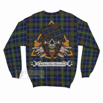 Smith Tartan Sweatshirt with Family Crest and Bearded Skull Holding Bottles of Whiskey