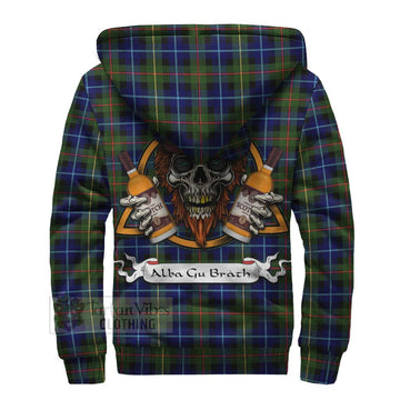 Smith Tartan Sherpa Hoodie with Family Crest and Bearded Skull Holding Bottles of Whiskey