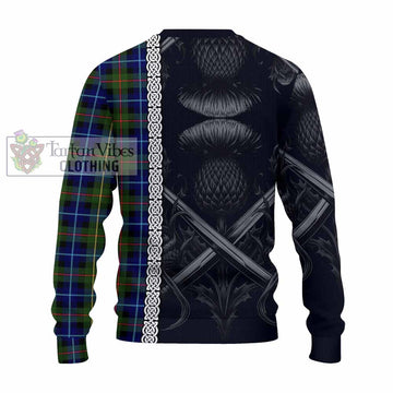 Smith Tartan Knitted Sweater with Family Crest Cross Sword Thistle Celtic Vibes - Tartan Vibes Clothing