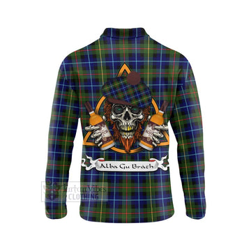 Smith Tartan Long Sleeve Polo Shirt with Family Crest and Bearded Skull Holding Bottles of Whiskey - Tartan Vibes Clothing
