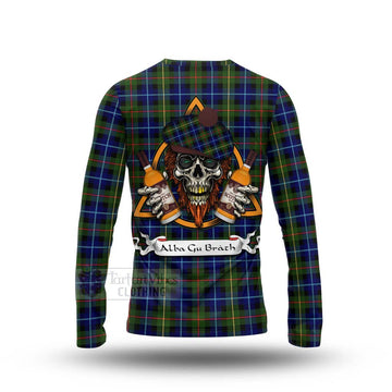 Smith Tartan Long Sleeve T-Shirt with Family Crest and Bearded Skull Holding Bottles of Whiskey - Tartan Vibes Clothing