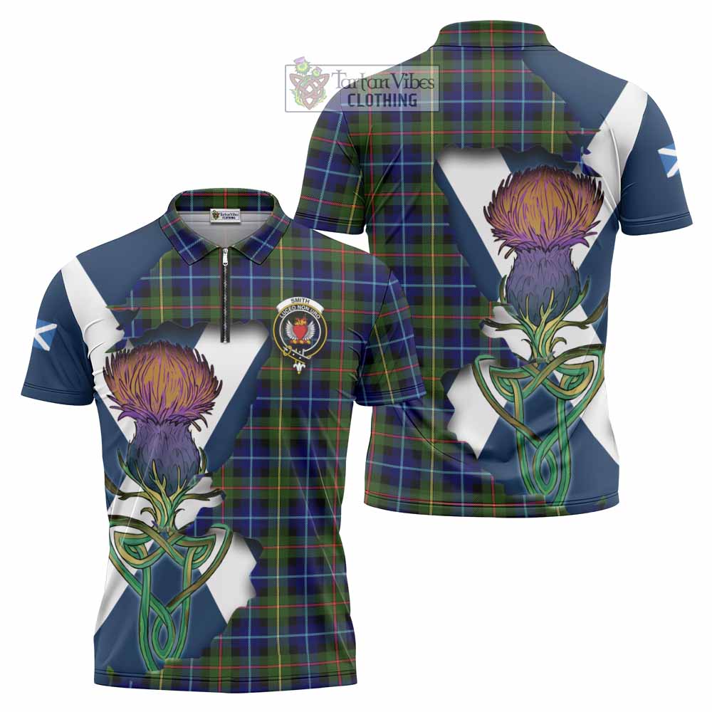 Smith Tartan Family Crest Zipper Polo Shirt Scottish Thistle Celtic Inspired - Tartan Vibes Clothing