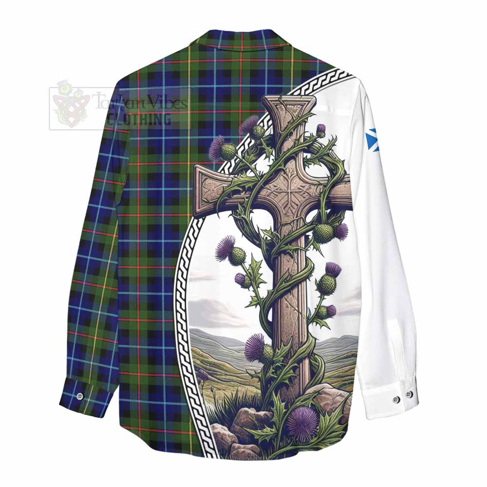 Tartan Vibes Clothing Smith Tartan Women's Casual Shirt with Family Crest and St. Andrew's Cross Accented by Thistle Vines