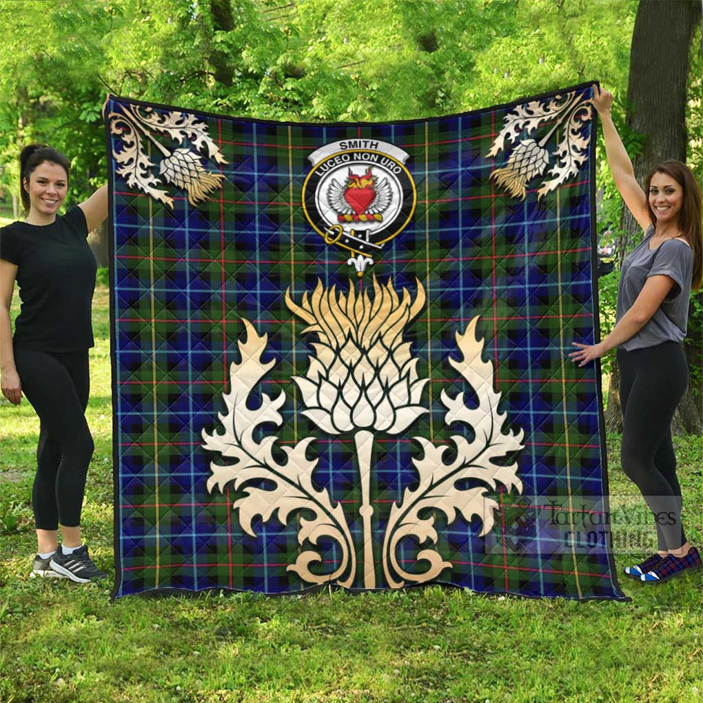 Tartan Vibes Clothing Smith Tartan Quilt with Family Crest and Golden Thistle Style