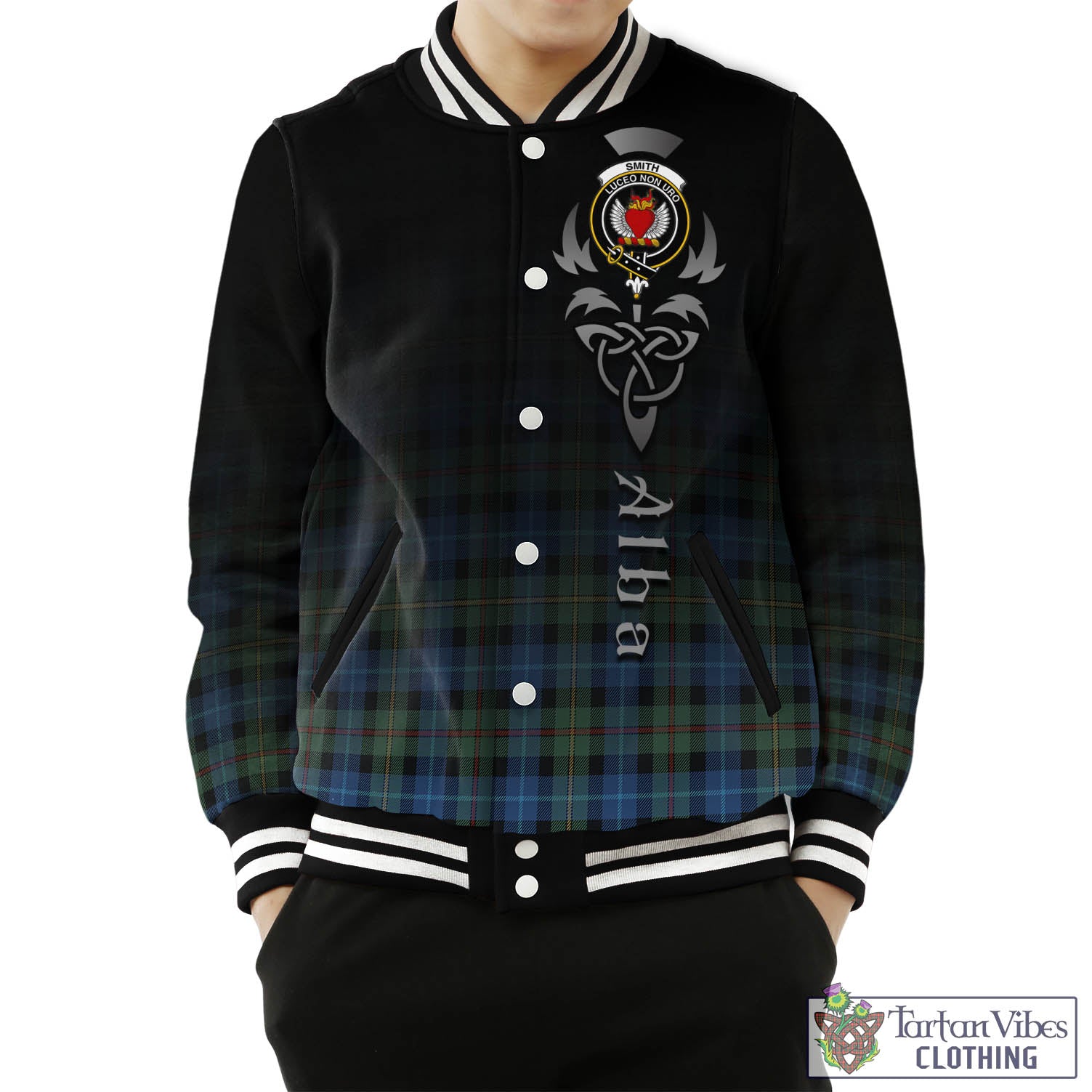 Tartan Vibes Clothing Smith Ancient Tartan Baseball Jacket Featuring Alba Gu Brath Family Crest Celtic Inspired