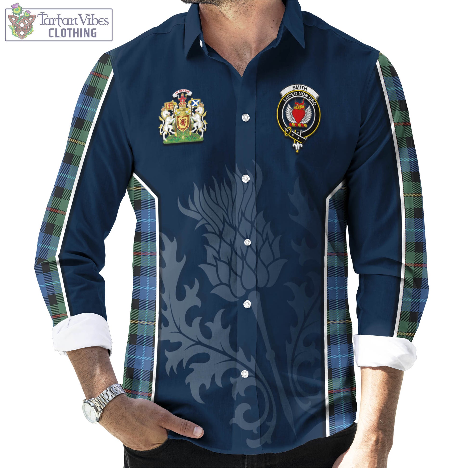 Tartan Vibes Clothing Smith Ancient Tartan Long Sleeve Button Up Shirt with Family Crest and Scottish Thistle Vibes Sport Style