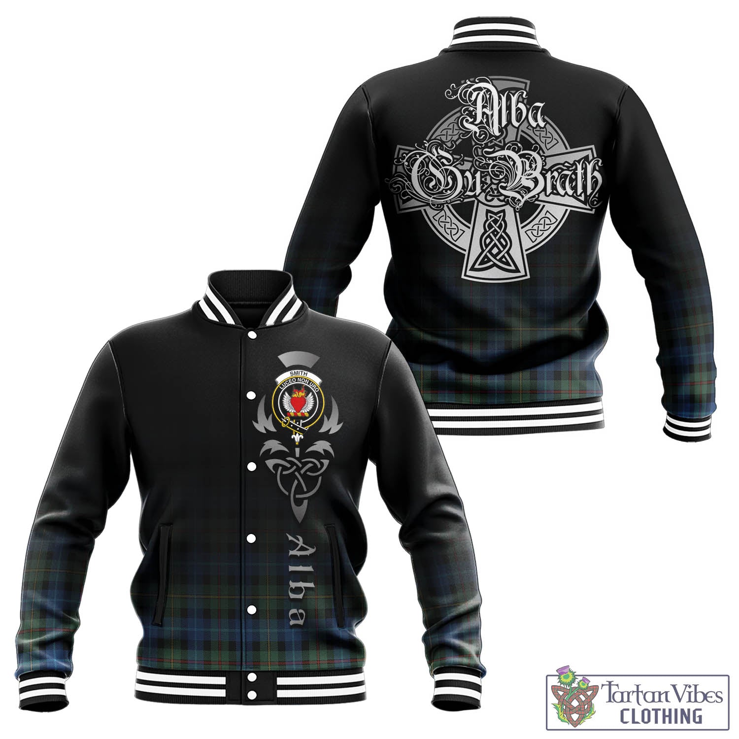 Tartan Vibes Clothing Smith Ancient Tartan Baseball Jacket Featuring Alba Gu Brath Family Crest Celtic Inspired