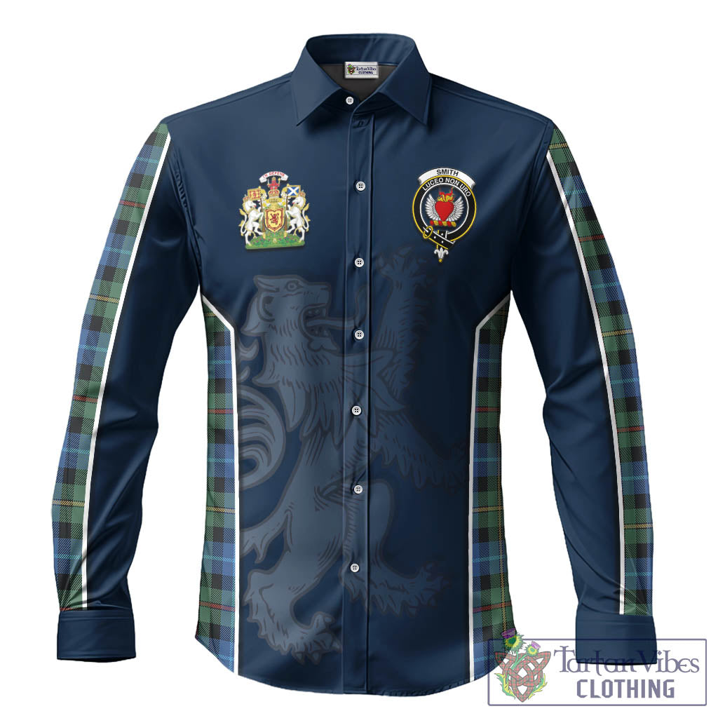 Smith Ancient Tartan Long Sleeve Button Up Shirt with Family Crest and Lion Rampant Vibes Sport Style