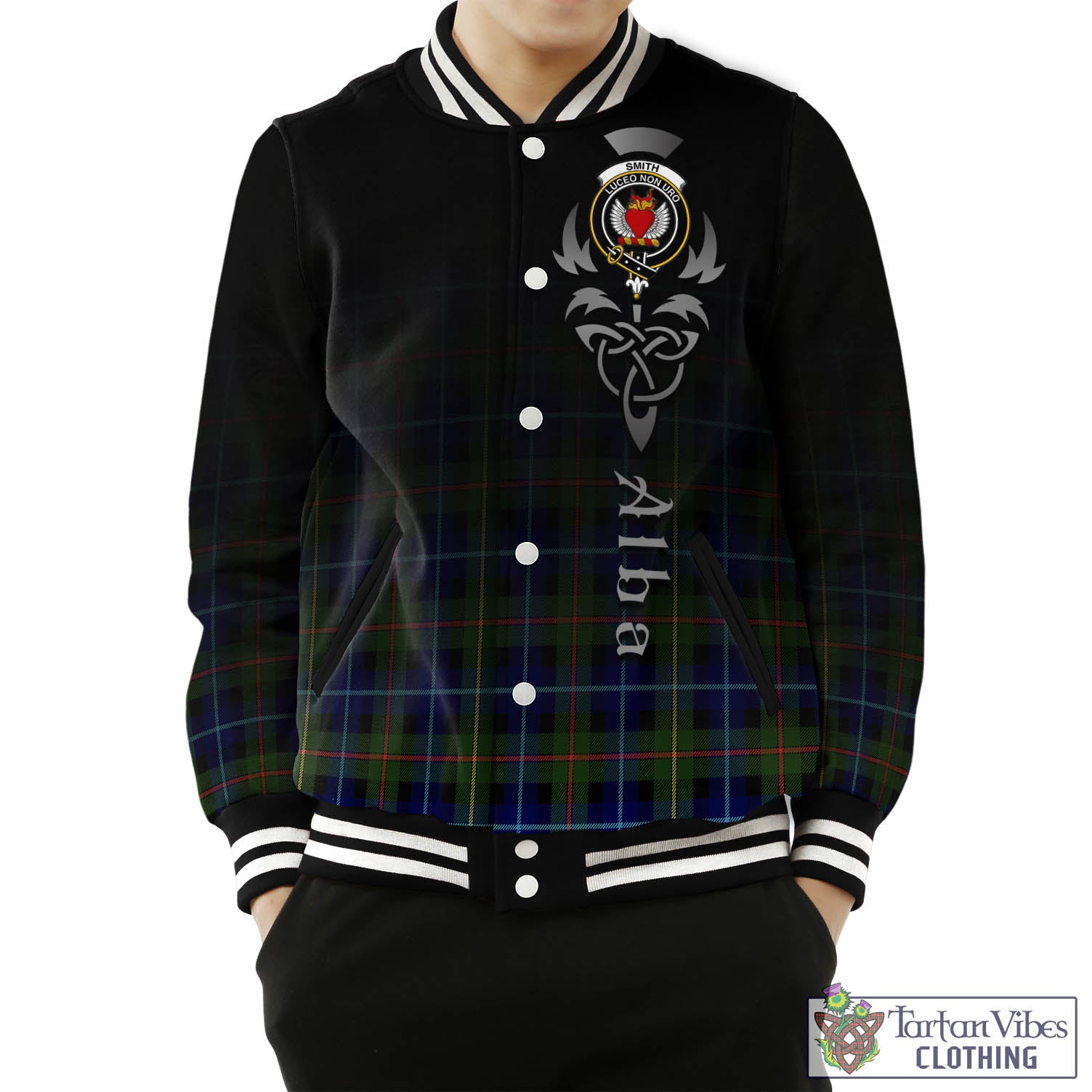 Tartan Vibes Clothing Smith Modern Tartan Baseball Jacket Featuring Alba Gu Brath Family Crest Celtic Inspired