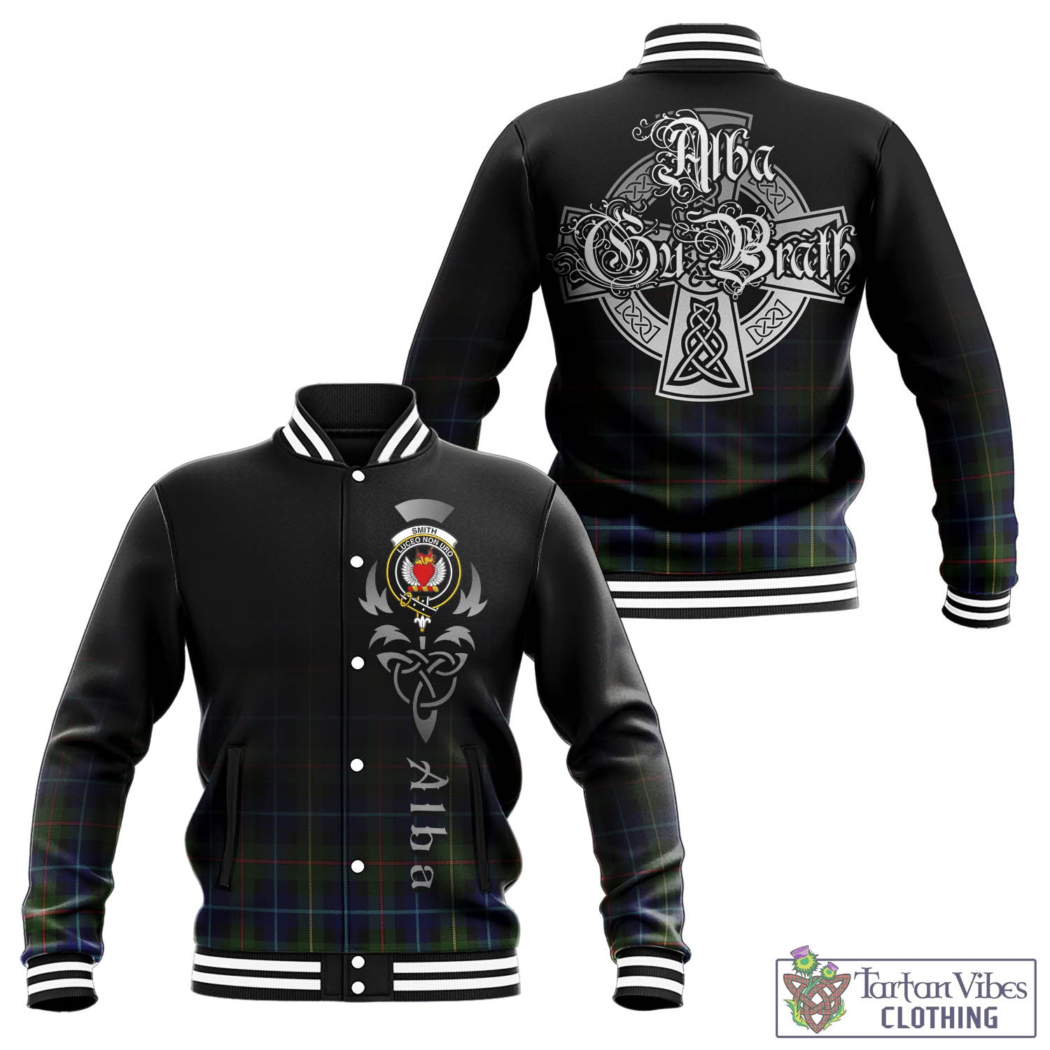 Tartan Vibes Clothing Smith Modern Tartan Baseball Jacket Featuring Alba Gu Brath Family Crest Celtic Inspired