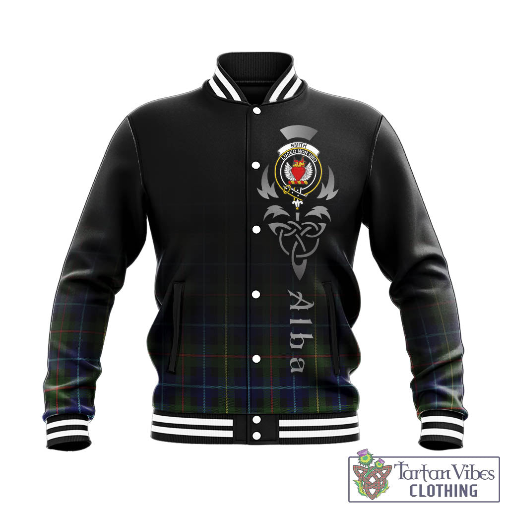 Tartan Vibes Clothing Smith Modern Tartan Baseball Jacket Featuring Alba Gu Brath Family Crest Celtic Inspired