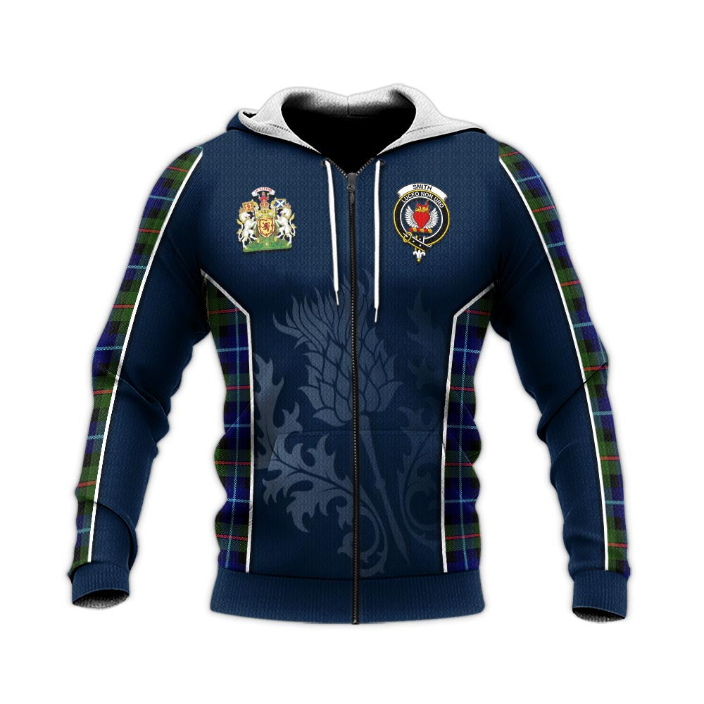 Tartan Vibes Clothing Smith Modern Tartan Knitted Hoodie with Family Crest and Scottish Thistle Vibes Sport Style