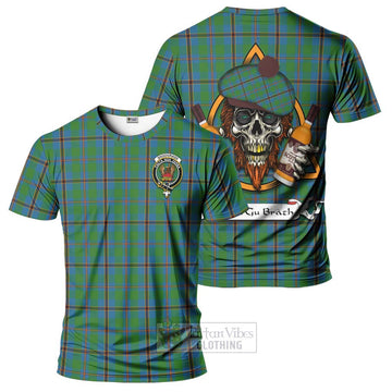 Snodgrass Tartan T-Shirt with Family Crest and Bearded Skull Holding Bottles of Whiskey