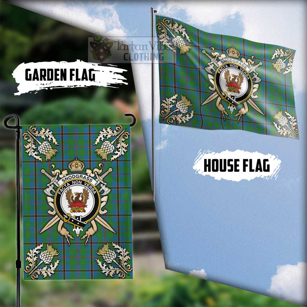 Tartan Vibes Clothing Snodgrass Tartan Flag with Family Crest and Golden Thistle Crossed Sword Design