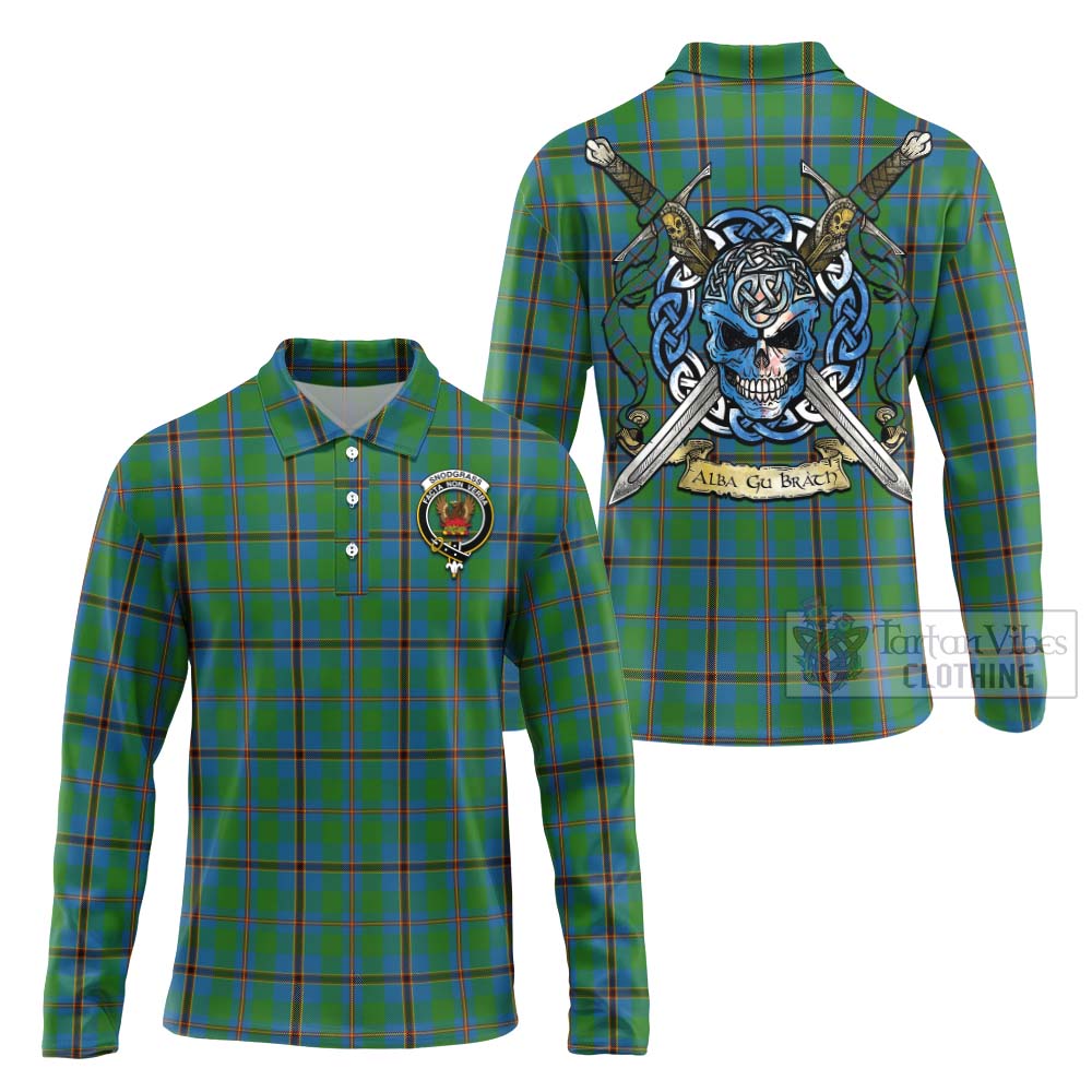 Tartan Vibes Clothing Snodgrass Tartan Long Sleeve Polo Shirt with Family Crest Celtic Skull Style