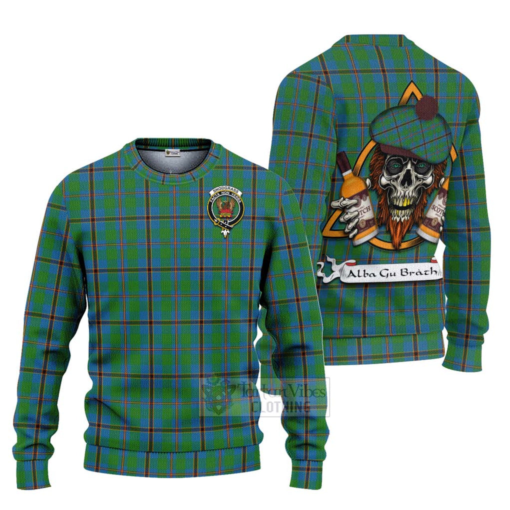 Tartan Vibes Clothing Snodgrass Tartan Knitted Sweater with Family Crest and Bearded Skull Holding Bottles of Whiskey