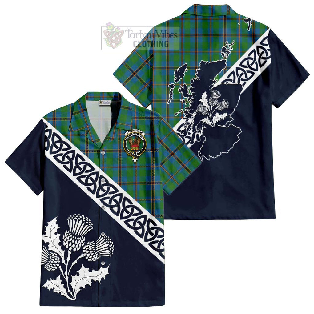 Tartan Vibes Clothing Snodgrass Tartan Short Sleeve Button Shirt Featuring Thistle and Scotland Map