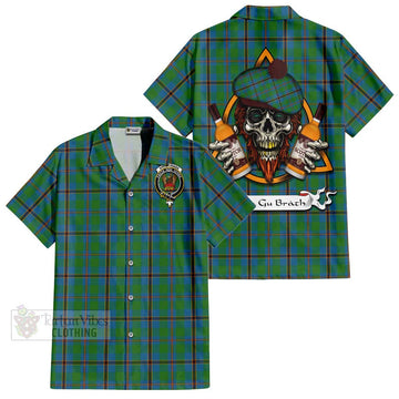 Snodgrass Tartan Short Sleeve Button Shirt with Family Crest and Bearded Skull Holding Bottles of Whiskey