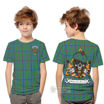 Snodgrass Tartan Kid T-Shirt with Family Crest and Bearded Skull Holding Bottles of Whiskey