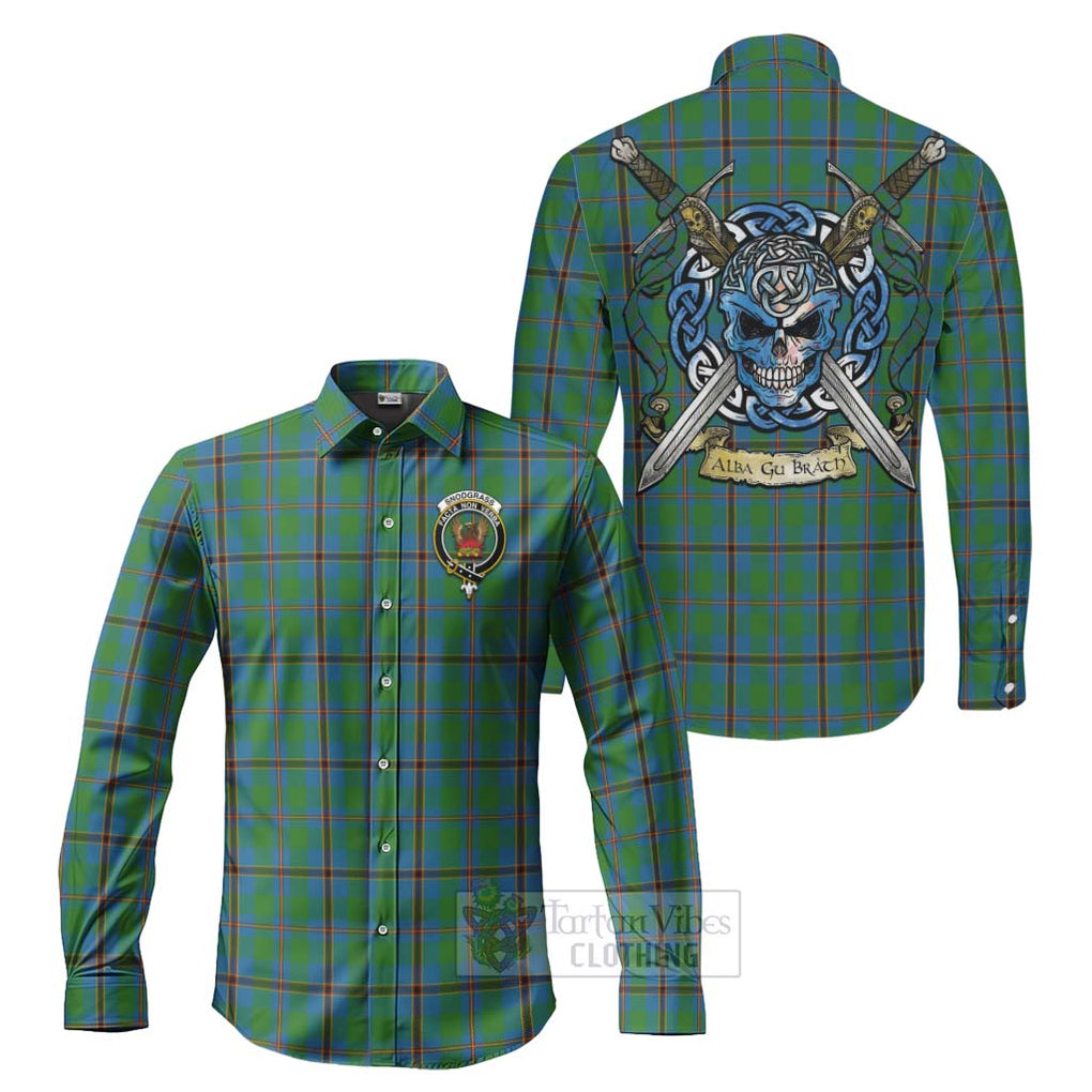 Tartan Vibes Clothing Snodgrass Tartan Long Sleeve Button Shirt with Family Crest Celtic Skull Style