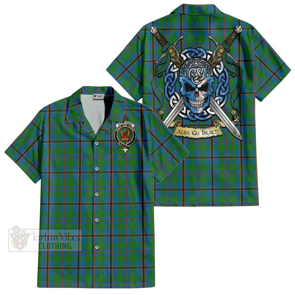 Tartan Vibes Clothing Snodgrass Tartan Short Sleeve Button Shirt with Family Crest Celtic Skull Style