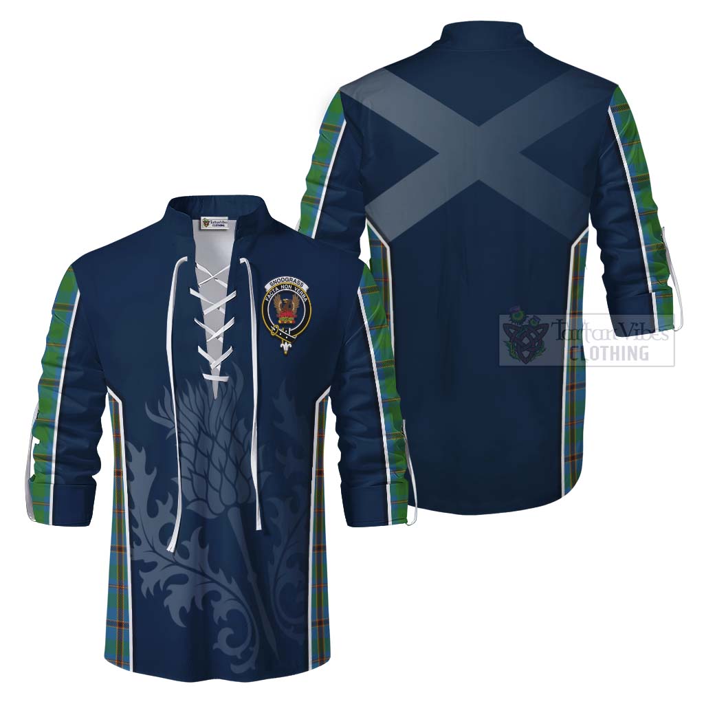 Tartan Vibes Clothing Snodgrass Tartan Ghillie Kilt Shirt with Family Crest and Scottish Thistle Vibes Sport Style