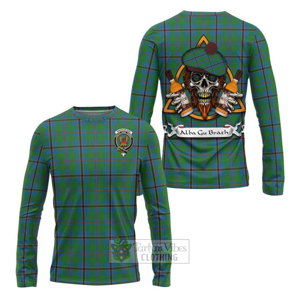 Tartan Vibes Clothing Snodgrass Tartan Long Sleeve T-Shirt with Family Crest and Bearded Skull Holding Bottles of Whiskey