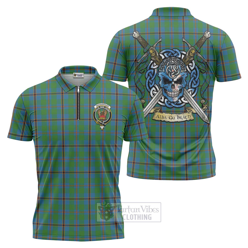 Tartan Vibes Clothing Snodgrass Tartan Zipper Polo Shirt with Family Crest Celtic Skull Style